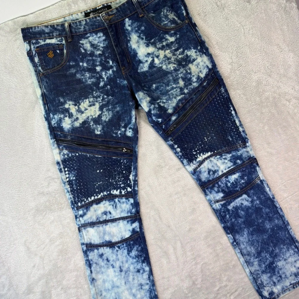 Rocawear Men's Moto Jeans Sz 36 Blue Acid Wash Zip Knee‎ Detail Streetwear